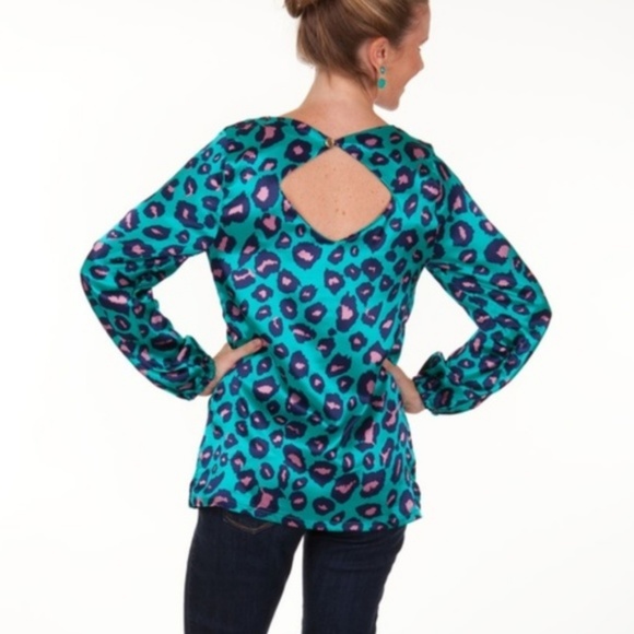 Satin Purple Teal Animal Print Long Sleeve Blouse - Picture 2 of 6